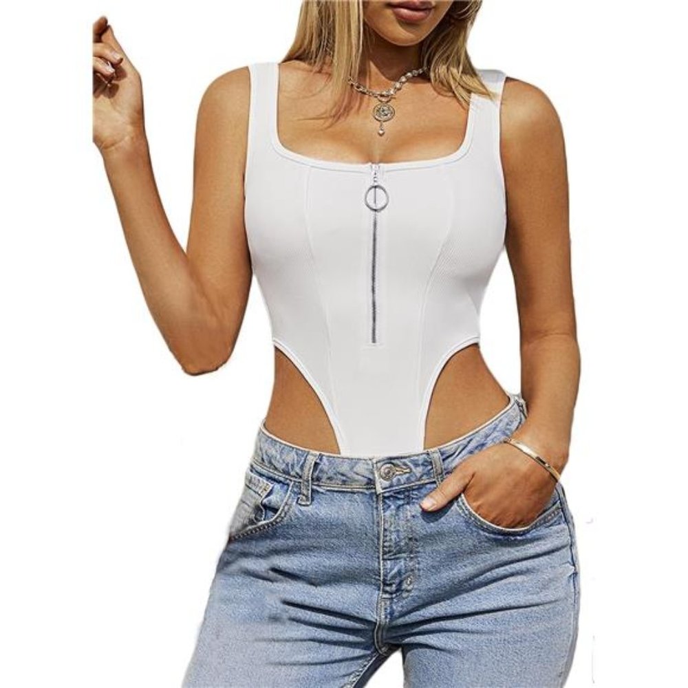 White Luxe Zip Leotard: High-Cut Tank Bodysuit  Sizes S-XXL